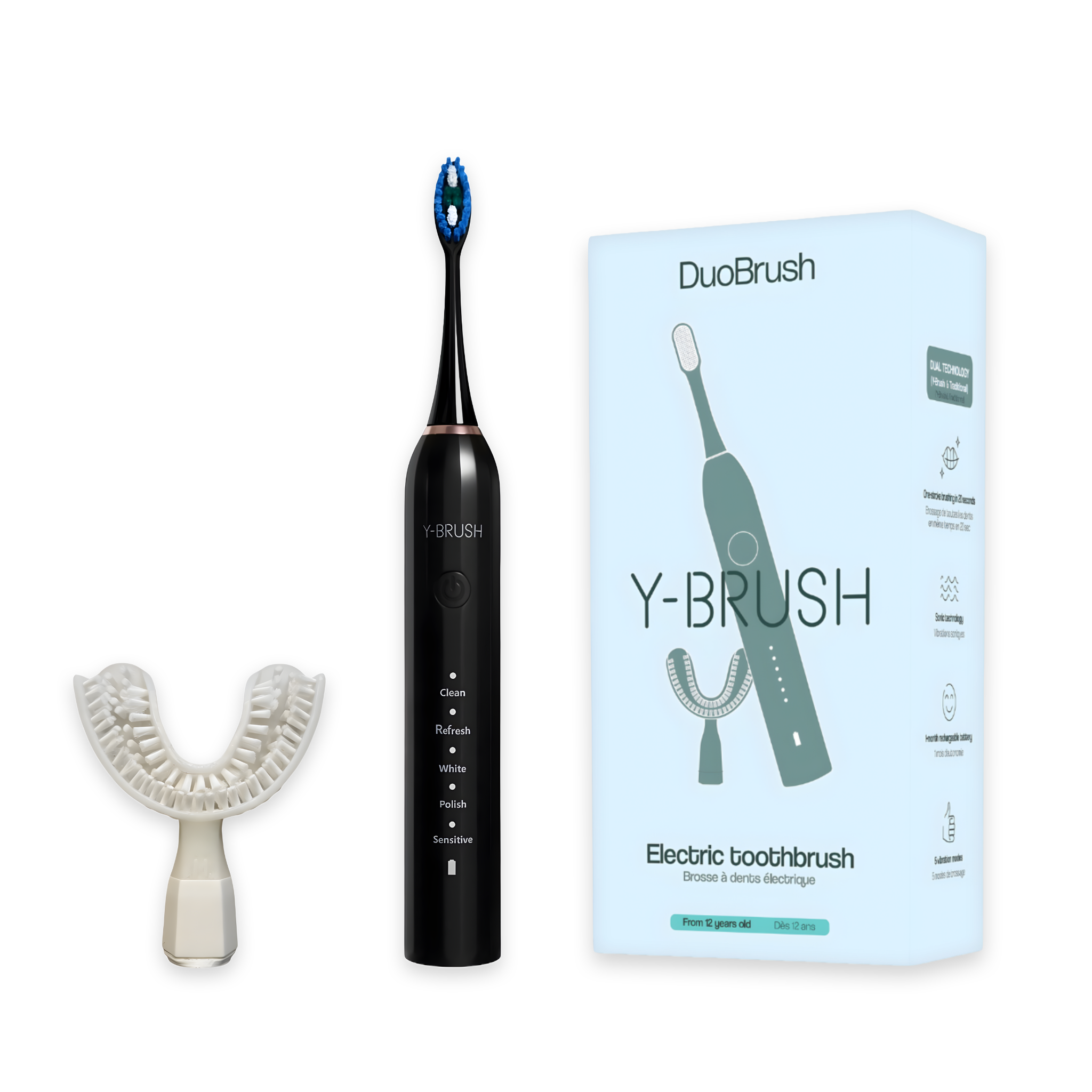 Y-Brush DuoBrush sonic electric toothbrush with Y-Brush Clean240 brushhead, extra traditional brushhead, and packaging, black model